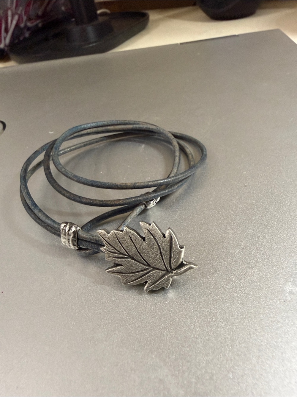 Gray leaf wrap bracelet leaf charm handcrafted on Etsy.  So cute. 8”